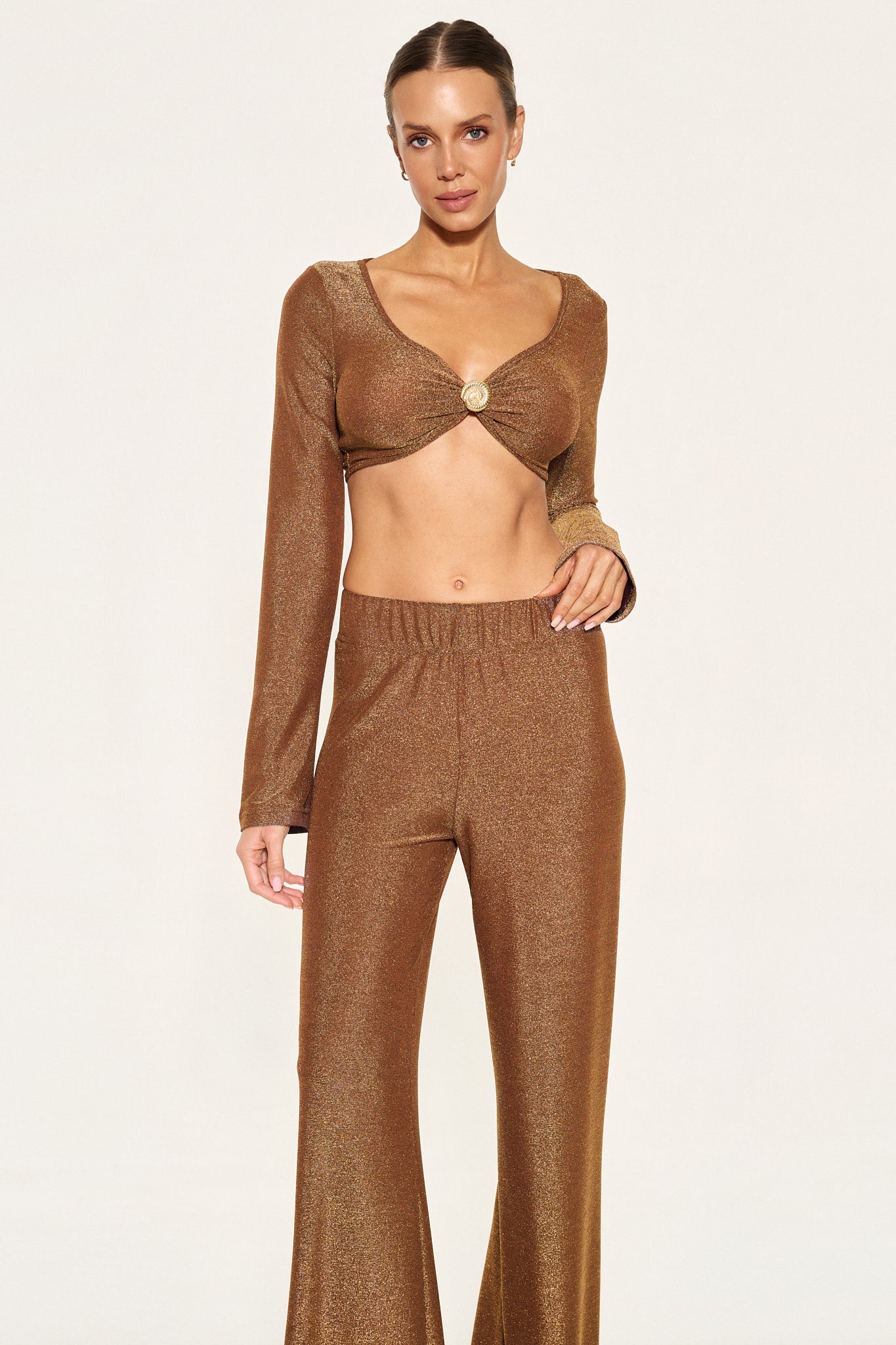 - SPARKLE CROP TOP WITH SHELL - BROWN